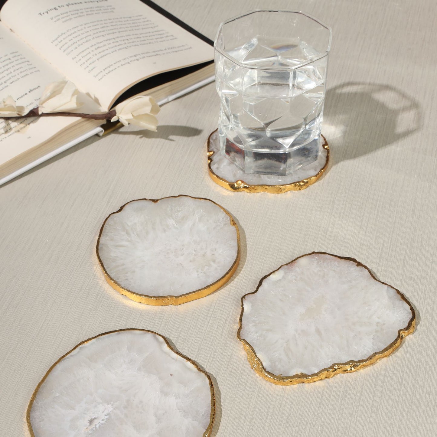 "White Agate Stone Coasters with Gold Electroplated Edges – Natural Crystal Coasters Set (3.5–4 Inch, 6–7mm Thick) for Coffee Table, Barware & Luxury Home Décor"