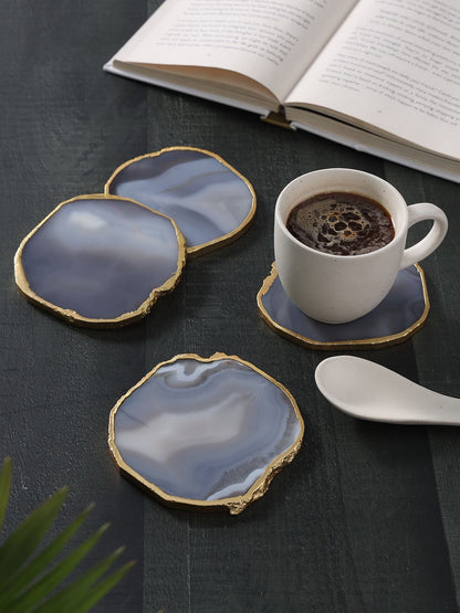 "White Agate Stone Coasters with Gold Electroplated Edges – Natural Crystal Coasters Set (3.5–4 Inch, 6–7mm Thick) for Coffee Table, Barware & Luxury Home Décor"