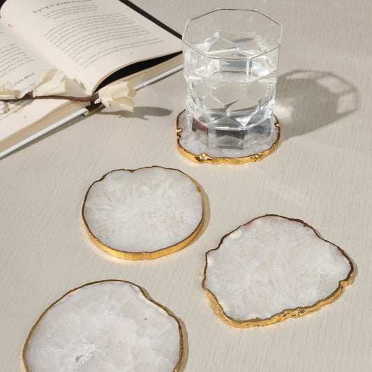 "White Agate Stone Coasters with Gold Electroplated Edges – Natural Crystal Coasters Set (3.5–4 Inch, 6–7mm Thick) for Coffee Table, Barware & Luxury Home Décor"