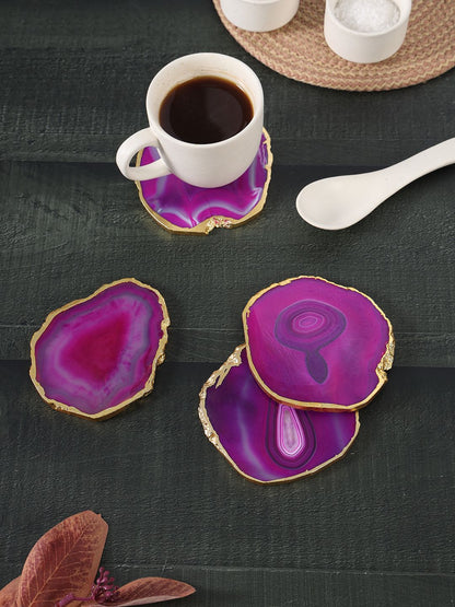 "White Agate Stone Coasters with Gold Electroplated Edges – Natural Crystal Coasters Set (3.5–4 Inch, 6–7mm Thick) for Coffee Table, Barware & Luxury Home Décor"